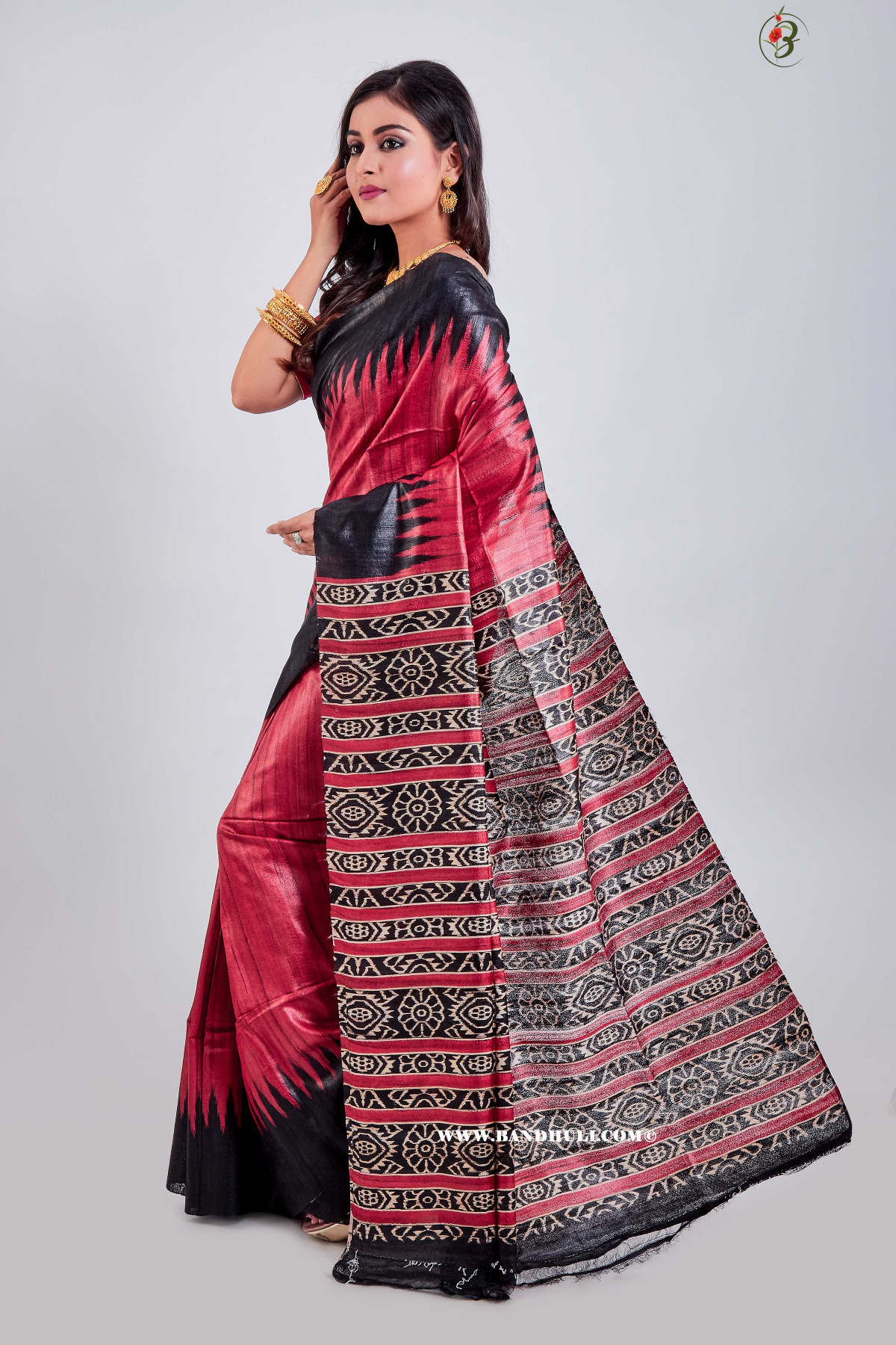 Wine Red Patola Design Tussar Saree